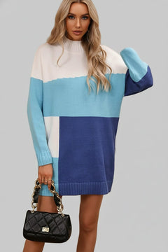 Sweater Dress Color Block Mock Neck - Casual Long Sleeve Mini Style - Jsandiclothing.com