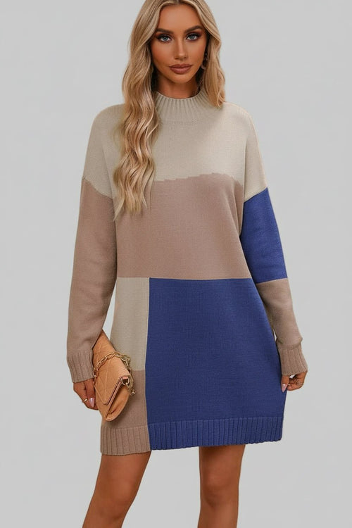Sweater Dress Color Block Mock Neck - Casual Long Sleeve Mini Style - Jsandiclothing.com