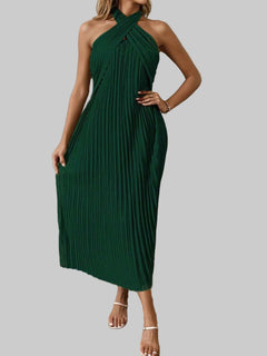 Pleated Halter Neck Midi Dress - Elegant Polyester Dress | Jsandi - Jsandiclothing.com