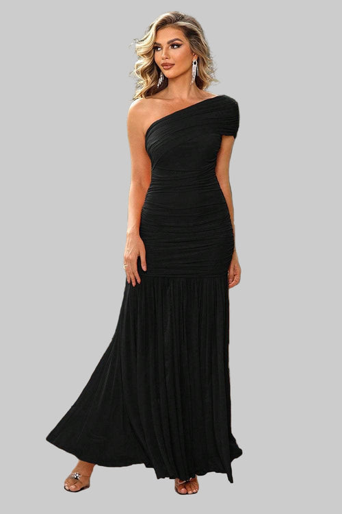 Maxi Dress with One - Shoulder Design and Elegant Ruched Detailing - Jsandiclothing.com