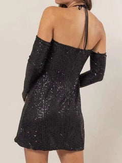 Sequin Rosette Halter Mini Dress| Elegant & Chic - Jsandiclothing.com