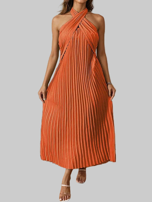 Pleated Halter Neck Midi Dress - Elegant Polyester Dress | Jsandi - Jsandiclothing.com
