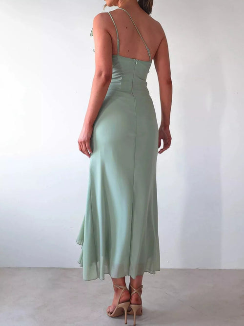 One - Shoulder Ruffle Slit Dress - Jsandiclothing.com