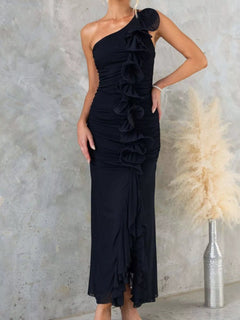One - Shoulder Ruffle Slit Dress - Jsandiclothing.com