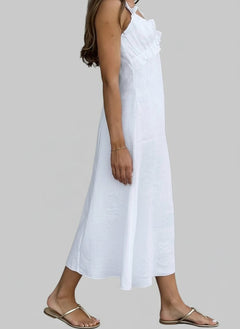 Ruffled V - Neck Maxi Dress - Elegant 100% Cotton Dress| JSandi - Jsandiclothing.com