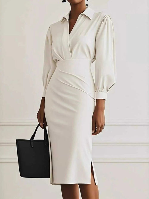 Ruched Midi Shirt Dress with Side Slit - Elegant & Stylish |JSandi - Jsandiclothing.com