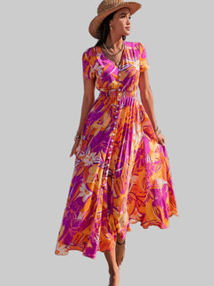 V - Neck Dress - Stylish Midi | Printed, Buttoned & Sleek Slit - Jsandiclothing.com