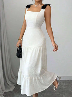 Square Neck Dress - Tiered Wide Strap Style with Charming Bow Detail - Jsandiclothing.com