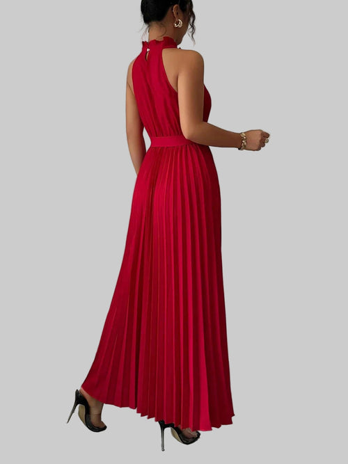 Pleated Halter Neck Tie Waist Maxi Dress| Jsandiclothing.com - Jsandiclothing.com