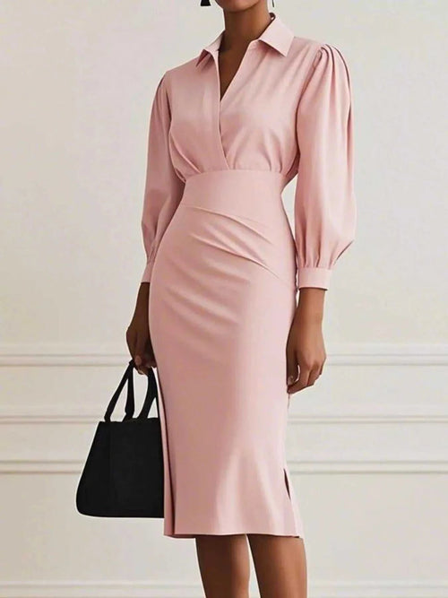 Ruched Midi Shirt Dress with Side Slit - Elegant & Stylish |JSandi - Jsandiclothing.com