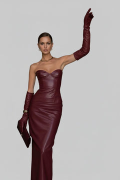 Slit Tube Leather Bodycon Maxi Dress - Jsandiclothing.com