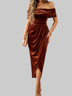 Velvet Off - Shoulder Ruched Midi Dress - Luxe Elegance and Comfort - Jsandiclothing.com
