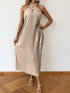 Pleated Halter Neck Midi Dress - Elegant Polyester Dress | Jsandi - Jsandiclothing.com