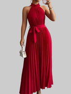 Pleated Halter Neck Tie Waist Maxi Dress| Jsandiclothing.com - Jsandiclothing.com