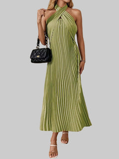 Pleated Halter Neck Midi Dress - Elegant Polyester Dress | Jsandi - Jsandiclothing.com