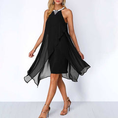 Black Cocktail Dress Round Neck Chiffon Sleeveless Dress - Jsandiclothing.com
