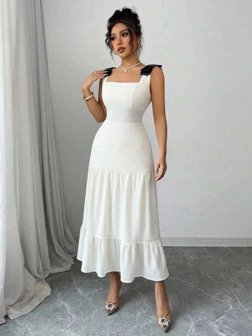 Square Neck Dress - Tiered Wide Strap Style with Charming Bow Detail - Jsandiclothing.com