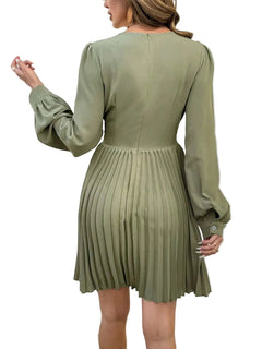 Pleated Long Sleeve V - Neck Dress - Elegant Polyester Dress| - Jsandiclothing.com