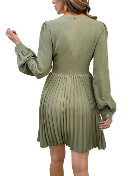Pleated Long Sleeve V - Neck Dress - Elegant Polyester Dress| - Jsandiclothing.com