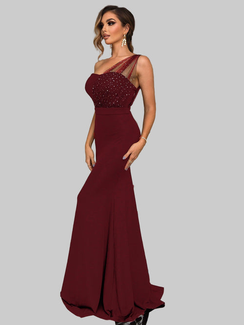 Rhinestone One - Shoulder Formal Dress| Elegant Evening Gown - Jsandiclothing.com