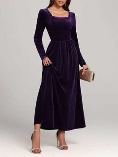 Long Sleeve Dress | Velvet Square Neck Elegant Modern and High Quality - Jsandiclothing.com