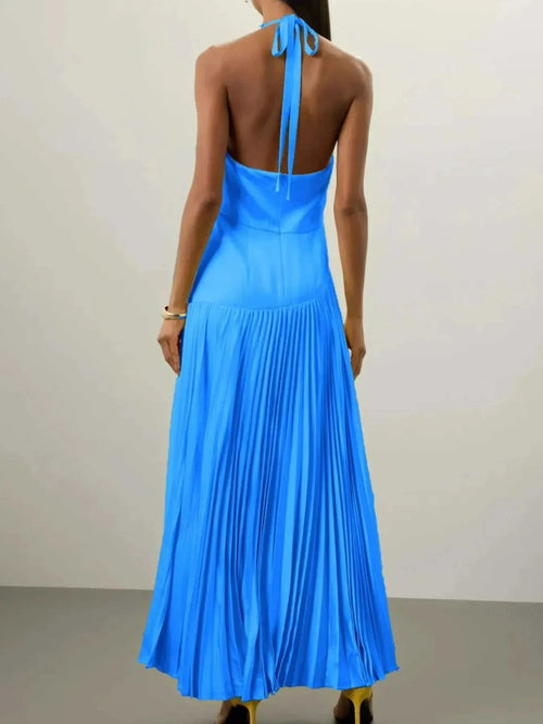 Pleated Halter Neck Maxi Dress - Elegant & Stylish| Jsandiclothing - Jsandiclothing.com