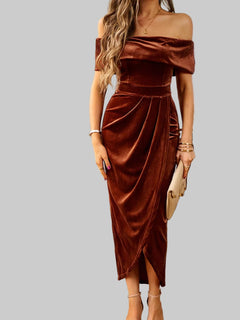 Velvet Off - Shoulder Ruched Midi Dress - Luxe Elegance and Comfort - Jsandiclothing.com