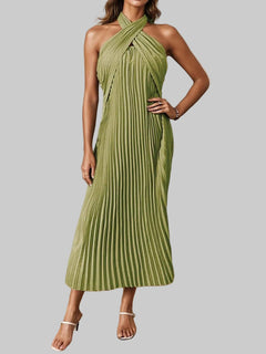 Pleated Halter Neck Midi Dress - Elegant Polyester Dress | Jsandi - Jsandiclothing.com