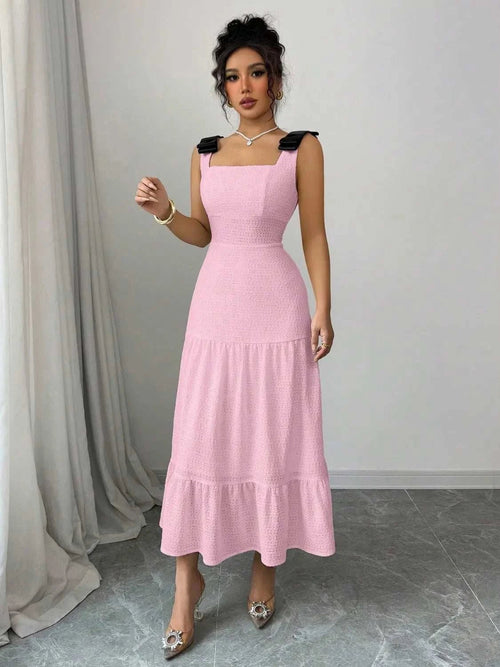 Square Neck Dress - Tiered Wide Strap Style with Charming Bow Detail - Jsandiclothing.com