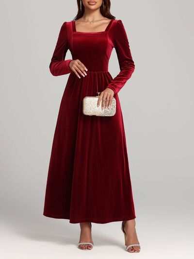 Long Sleeve Dress | Velvet Square Neck Elegant Modern and High Quality - Jsandiclothing.com