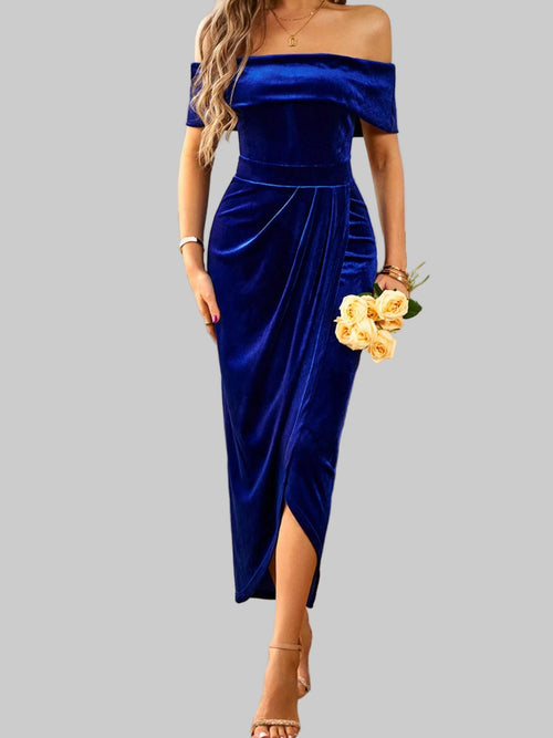 Velvet Off - Shoulder Ruched Midi Dress - Luxe Elegance and Comfort - Jsandiclothing.com