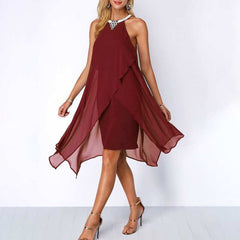 Black Cocktail Dress Round Neck Chiffon Sleeveless Dress - Jsandiclothing.com