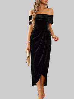 Velvet Off - Shoulder Ruched Midi Dress - Luxe Elegance and Comfort - Jsandiclothing.com