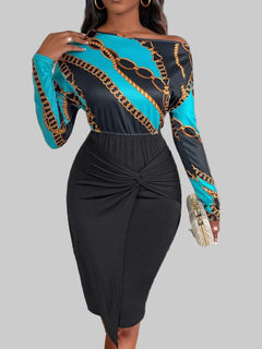 Printed Long Sleeve Midi Dress Twisted Unique Design with a Bold Look - Jsandiclothing.com