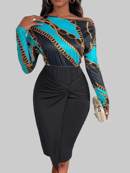 Printed Long Sleeve Midi Dress Twisted Unique Design with a Bold Look - Jsandiclothing.com