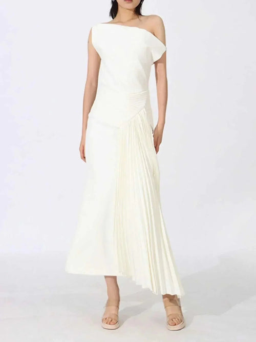 Single Shoulder Pleated Dress - Elegant Ruched Asymmetrical Design - Jsandiclothing.com