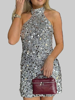 Sequin Halter Neck Mini Dress - Glamorous & Elegant Nightwear - Jsandiclothing.com