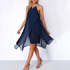 Black Cocktail Dress Round Neck Chiffon Sleeveless Dress - Jsandiclothing.com