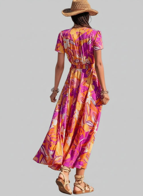 V - Neck Dress - Stylish Midi | Printed, Buttoned & Sleek Slit - Jsandiclothing.com