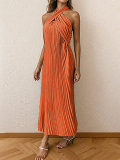 Orange pleated halter neck midi dress with tied detail and no stretch, made from 100% polyester.