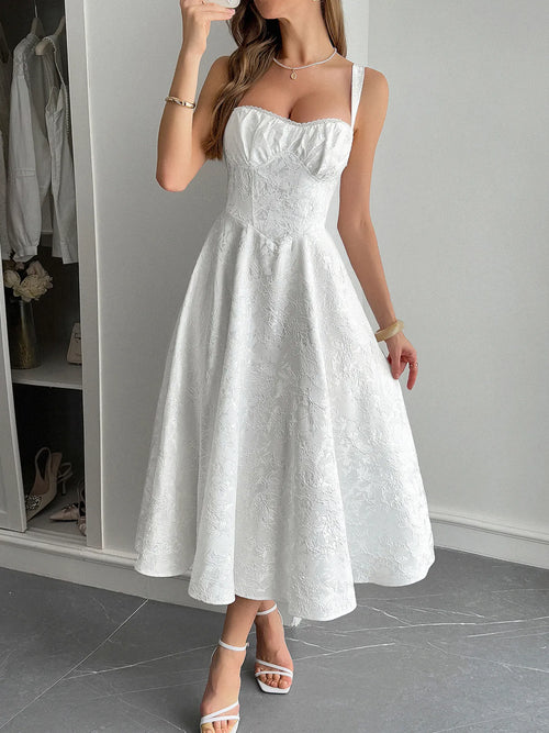 White lace-up sleeveless midi dress with ruched detailing and fitted bodice, made from 100% polyester and fully lined, shown on model in front of neutral background.