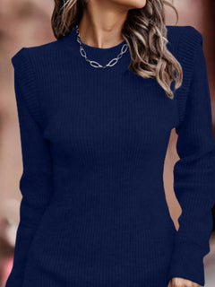 plus size full size ribbed knit bodycon sweater dress in navy blue with moderate stretch and long sleeves