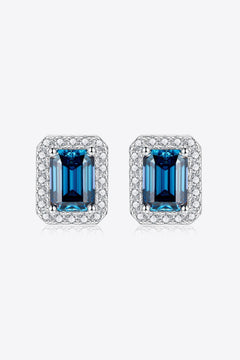 2 carat indigo moissanite stud earrings in geometric sterling silver with platinum plating