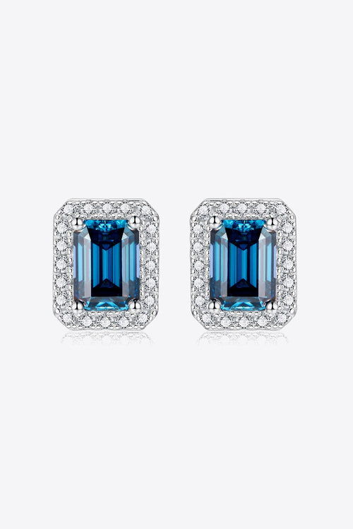 2 carat indigo moissanite stud earrings in geometric sterling silver with platinum plating