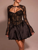 Two-piece sweetheart neck lace dress and sheer lace cover-up set in black with slight stretch and long sleeves