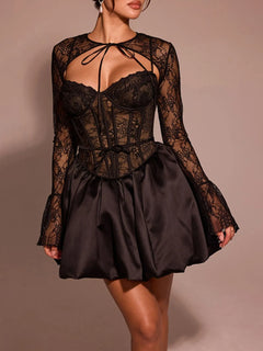 Two-piece sweetheart neck lace dress and sheer lace cover-up set in black with slight stretch and long sleeves