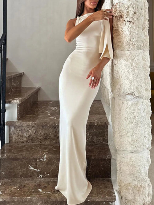 Elegant white asymmetrical tied sleeveless maxi dress with a fitted silhouette and floor-length hem