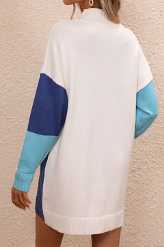 Back view of a color block mock neck sweater dress with dropped shoulders and long ribbed sleeves in white, navy, and light blue colors