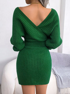 Green rib-knit dolman sleeve sweater dress with surplice neckline and A-line mini hem.