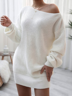 White rib-knit mini sweater dress with slightly stretchy fabric and long bishop sleeves in a basic style